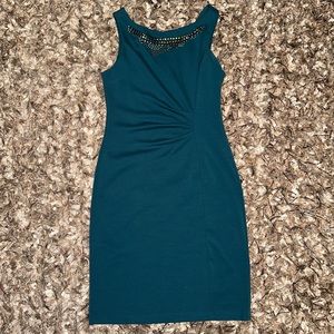 Teal Metal Embroidered High-Neck Sleeveless Dress 👗